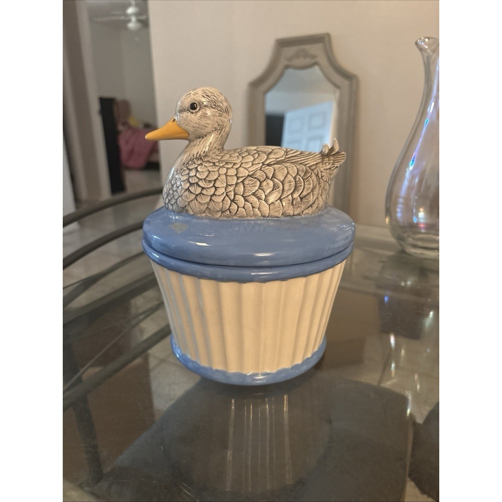 VTG 1985 Scioto Mold Ceramic Duck Cookie Jar Canister Container Blue White
